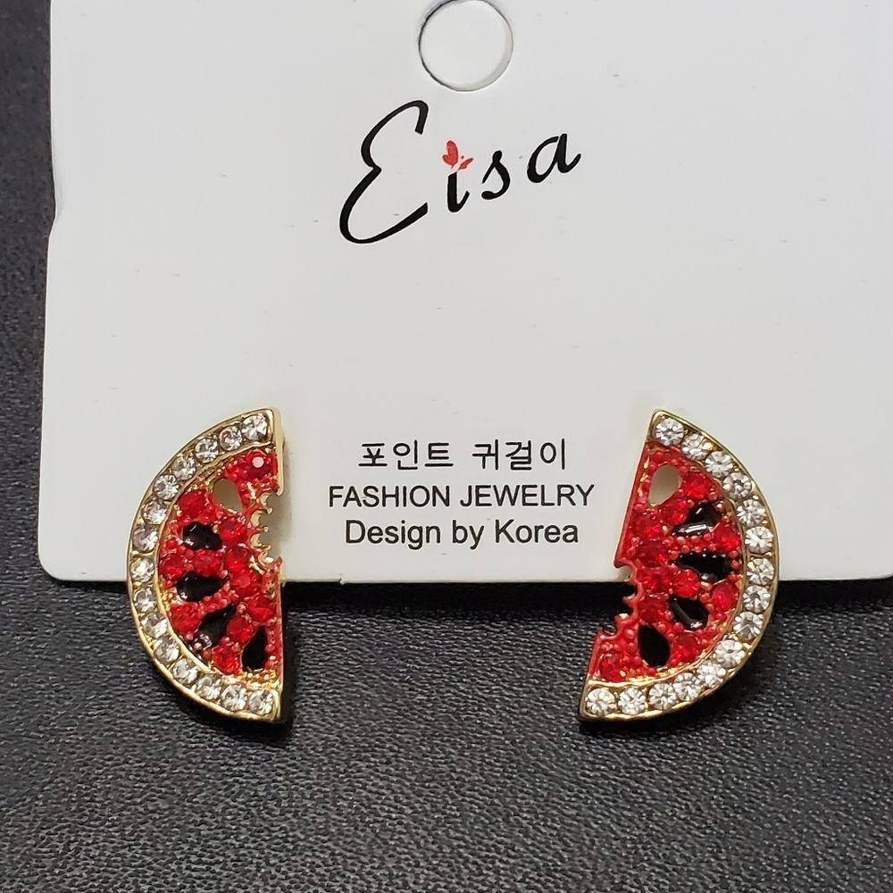 Red green black watermelon slice earrings rhinestone
